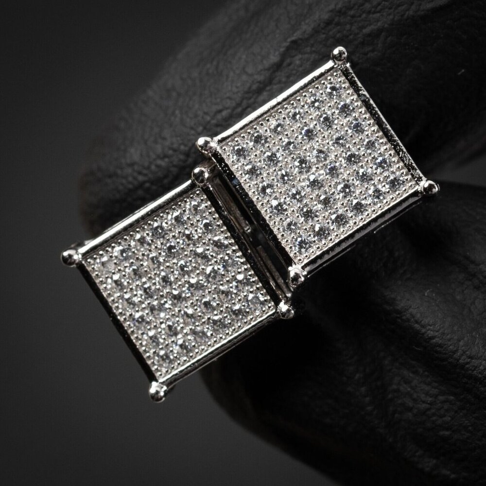White Gold Sterling Silver Hip Hop Cz Square Flat Screen Mens Stud Earrings - Picture 2 of 5